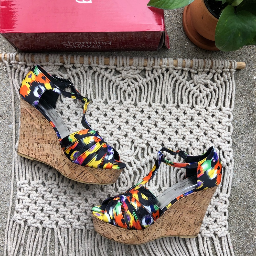 Charming Charlie Multi-Color Printed Cork Wedges - image 3